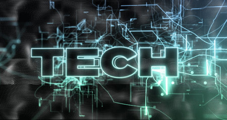 Image of tech text over data processing. Global computing, digital interface and data processing concept digitally generated image.の写真素材