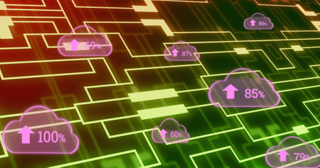 Image of clouds icons and shapes over black background. Global business and digital interface concept digitally generated image.の写真素材