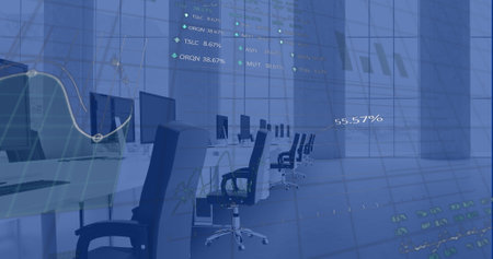 Image of multiple graphs and trading boards over unoccupied chairs and computer in office. Digital...
