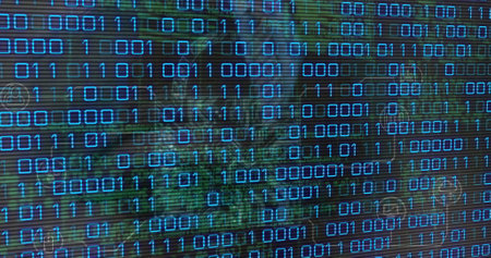 Composition of binary coding processing over purple background. Global technology connections and data processing concept digitally generated image.の写真素材