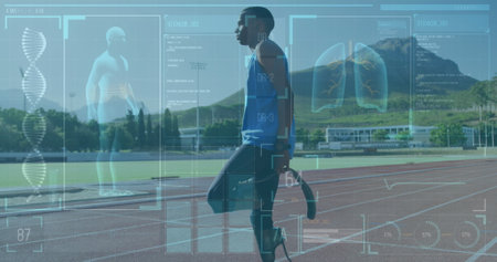 Image of data on digital screen over african american man with running blade stretching. Sport, active lifestyle with disability and data processing concept digitally generated image.の写真素材
