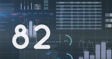 Image of increasing numbers and statistical data processing against blue background. Computer interface and business data technology conceptの写真素材