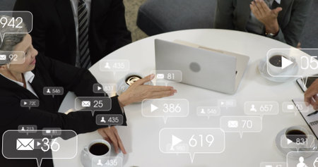 Image of social media data processing over diverse business people in office. Global business,...