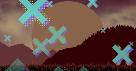 Image of crosses over sun and landscape. Colour, shapes, movement and nature concept digitally...