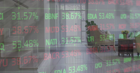 Image of financial data processing over interiors. Global business, finances, computing and data...