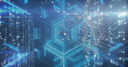 Image of data processing and shapes on blue background. Global digital interface technology and networking concept digitally generated image.の写真素材