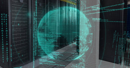 Image of data processing over spinning globe against computer server room. Computer interface and...
