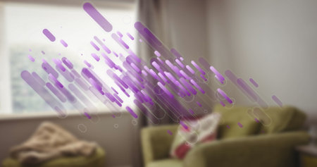 Image of shapes moving over empty house interior. Moving house and digital interface concept digitally generated image.の写真素材