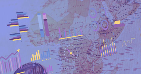 Image of financial data processing over world map. Global finance, business, connections, computing and data processing concept digitally generated image.の写真素材