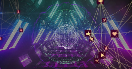 Image of connected icons and dots forming globes over triangular tunnel in background. Digitally...