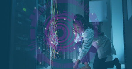 Image of data processing over african american it woman by computer servers. Global computing,...