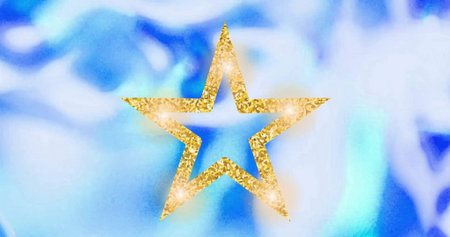 Image of golden star over shapes on blue background. Fashion, design, colours and shapes concept...