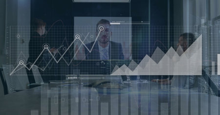 Image of financial data processing over diverse business people in office. Global business,...
