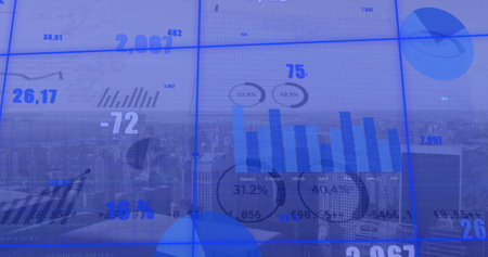 Image of financial data processing over cityscape. Global finance, business, connections, computing and data processing concept digitally generated image.の写真素材