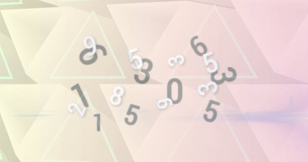 Image of changing black and white numbers on light coloured triangles background. Shape, colour, number and mathematics concept digitally generated image.の写真素材