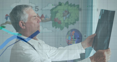 Image of data processing over caucasian male doctor. Global medicine, connections, computing and data processing concept digitally generated imageの写真素材