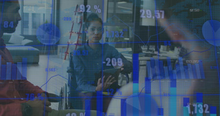Image of financial data processing over diverse business people in office. Global business,...