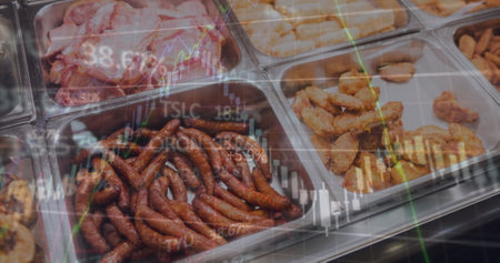 Image of graphs and qr scan code over fresh food in containers for sale at store. Digital composite, multiple exposure, data, report, business, for sale, various, choice, barcode, retail display.の写真素材