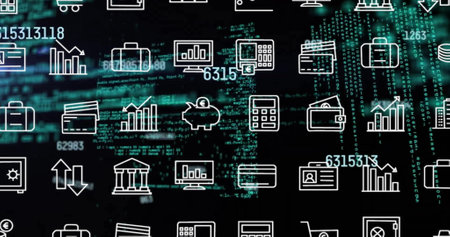 Image of financial data processing and rows of business icons over dark background. Global finance, business and data processing concept digitally generated image.の写真素材