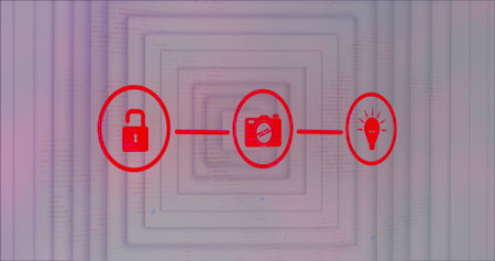 Image of digital interface with red interconnected icons on squares. Global connection network...