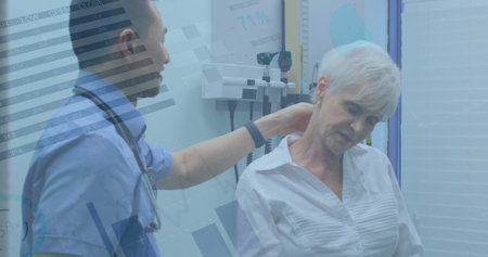 Image of data processing over caucasian male doctor with patient. Global medicine, connections, computing and data processing concept digitally generated imageの写真素材