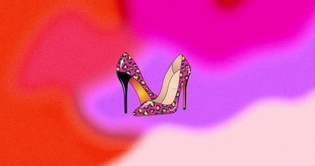 Image of high heels with leopard print on colourful background. Fashion, design, colours and shapes concept digitally generated image.の写真素材