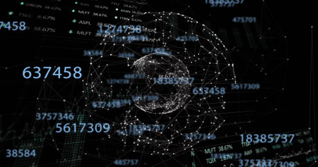 Image of financial data processing over globe and grid. Global finance, business, connections, computing and data processing concept digitally generated image.の写真素材