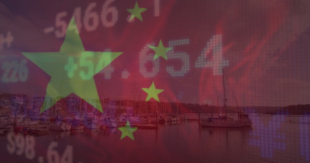 Image of financial data processing and flag of china over landscape. Global finance, business, connections, computing and data processing concept digitally generated image.の写真素材