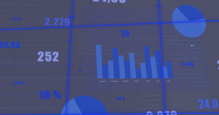 Image of financial data processing over grid on grey background. Global wind energy, business,...