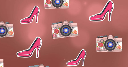 Image of pink high heels and cameras over light spots on brown background. Fashion, design, colours and shapes concept digitally generated image.の写真素材