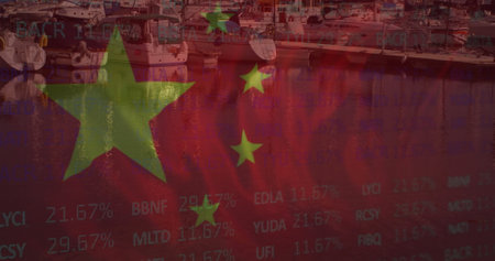 Image of financial data processing and flag of china over landscape. Global finance, business, connections, computing and data processing concept digitally generated image.の写真素材