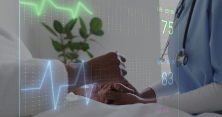 Image of heart rate monitor over mid section of female doctor holding hands of senior patient. Medical healthcare and research science technology conceptの写真素材
