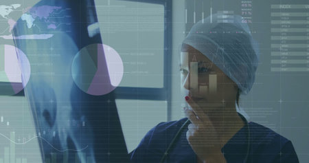 Image of data processing over caucasian female doctor. Global medicine, connections, computing and data processing concept digitally generated imageの写真素材