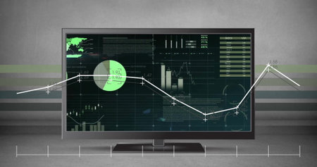 Image of financial data processing over tv screen. Global finance, business, connections, computing...