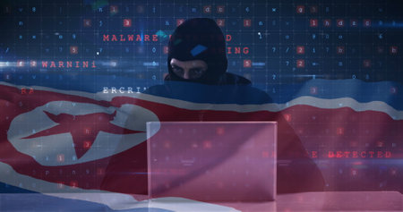 Image of data processing and cyber warning text with hacker over flag of north korea. Global...