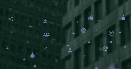Image of network of digital icons against aerial view of tall building. Global networking and...