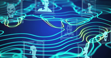 Image of ai data processing and photos over blue glowing lines on dark background. Global artificial...