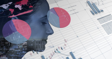 Image of interface with numbers changing, financial data processing over woman with eyes closed. global network business finance economy concept digitally generated image.の写真素材