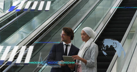 Image of financial data processing over diverse business people on escalator. Global business,...