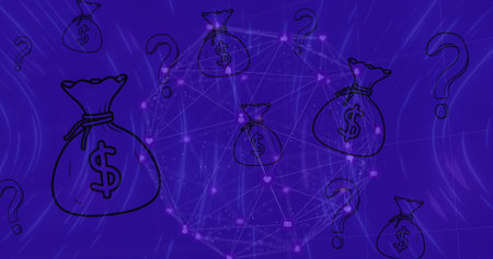 Image of network of connections with icons over blue background. global business and digital interface concept digitally generated image.の写真素材