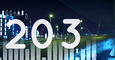 Image of changing numbers, graphs, time lapse of moving vehicles against modern buildings. Digital...