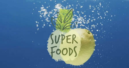 Image of super foods text over fruit falling in water background. Eating healthily, vegan food and fresh fruti concept digitally generated image.の写真素材