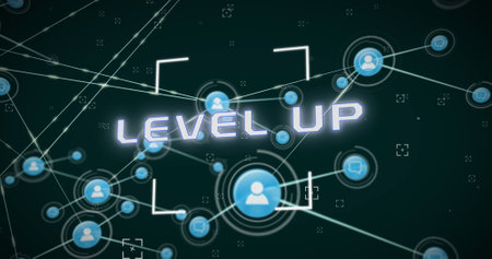 Image of network of connections and scope over level up text banner against green background. Global networking and image game interface technology conceptの写真素材