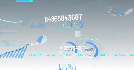 Image of multiple changing numbers and statistical data processing against grey background. Computer interface and business data technology conceptの写真素材