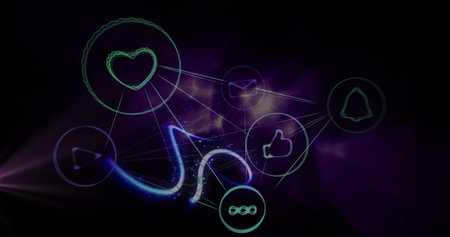 Image of network of digital icons over blue light trails against purple background. Computer...