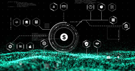 Image of network of connections with icons and data processing over spots on black background....