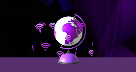 Image of globe with wifi icons on black background. Communication, computing, connections and digital interface concept digitally generated image.の写真素材