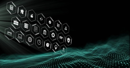 Image of business icons over light spots on black background. Finances, business, connections and digital interface concept digitally generated image.の写真素材