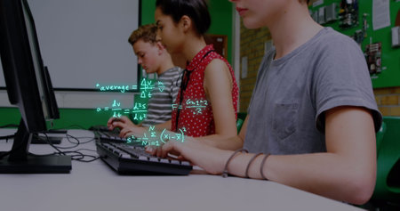 Image of equations and data processing over diverse school children. Global education, learning,...