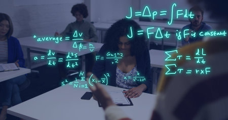 Image of equations and data processing over diverse students. Global education, learning, school,...